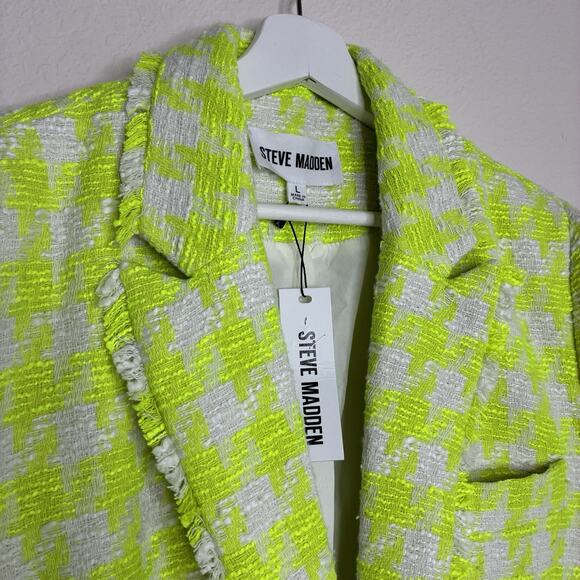 Steve Madden Harlow Fresh Lime Green Houndstooth Tweed Blazer L NWT - Picture 3 of 14